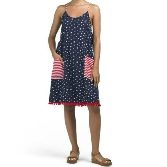 New! AMERICA & BEYOND American Flag Patriotic Print Mini Dress Beach Cover-up - Picture 2 of 7